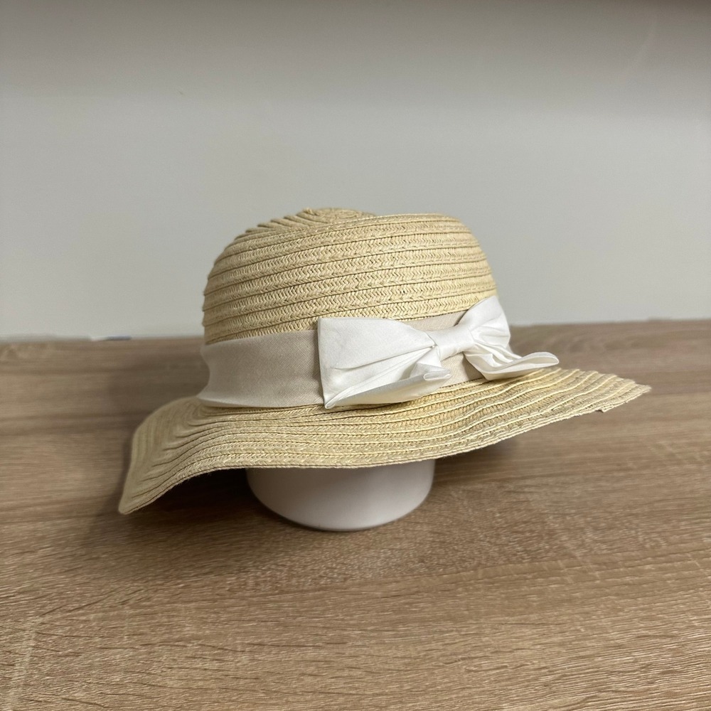 Catherine Malandrino Straw Sun Hat Womens OS Beige White Bow Wide Brim Feminine